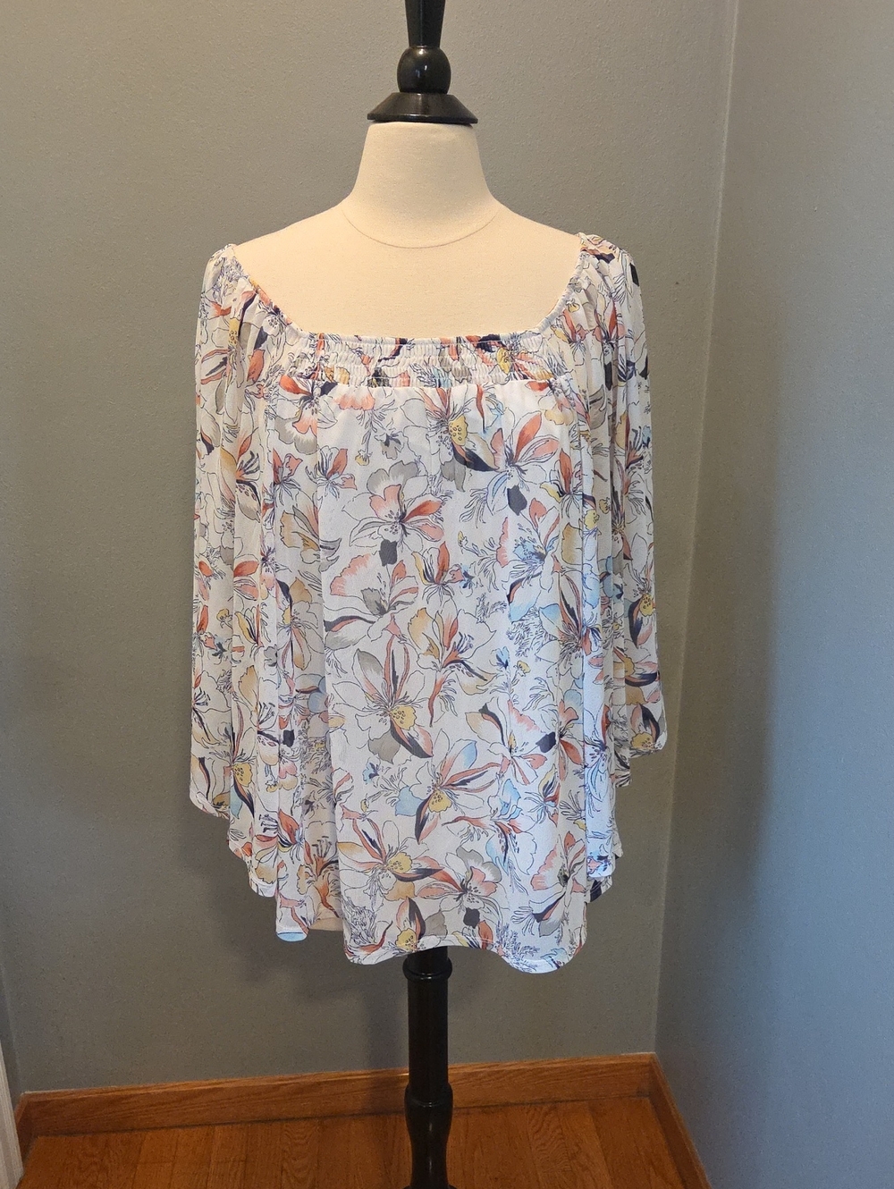 Lane Bryant White Floral Off-Shoulder Tunic with Pink, Blue & Yellow Accents